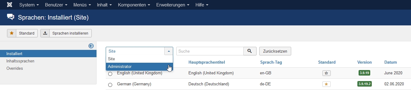 Installierte Sprachen Site und Administrator